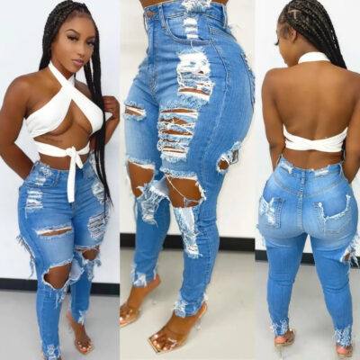 2022 Boutique Lady Trousers Frayed Stretch Pencil Denim Women’s Skinny Ripped Jeans