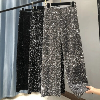 The NewFashion Trendy Sparkling GoldRelaxation of Tall Waist Wide-legged Women’s South Korean Style