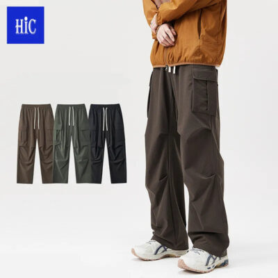 HIC vintage street loose casual pleated men’s trousers outdoor sports large pocket overalls men’s casual sports