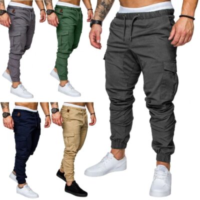 Custom Men Cargo Pants With Side Pockets Grey Khaki Black Men Fitness Trouser Cargo Men’s Trousers