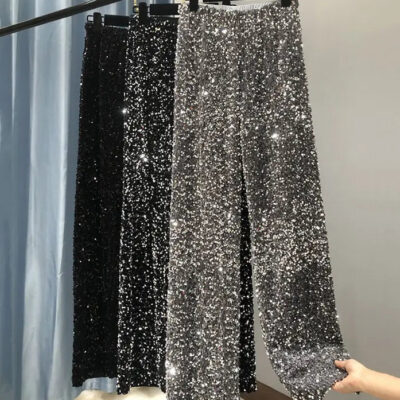 2022 Autumn Winter Thick Velvet Sequins Sexy y2k Wide Leg Streetwear Bottom Casual Club Party Women Trousers