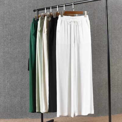 High waisted wide leg pants women plus size cotton linen casual drawstring women’s trousers white linen