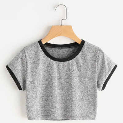 Women Crop Ringer Heather Grey T Shirt Hot fashion Girls Print Ringer Tee Summer Grey Basic Breathable cotton T